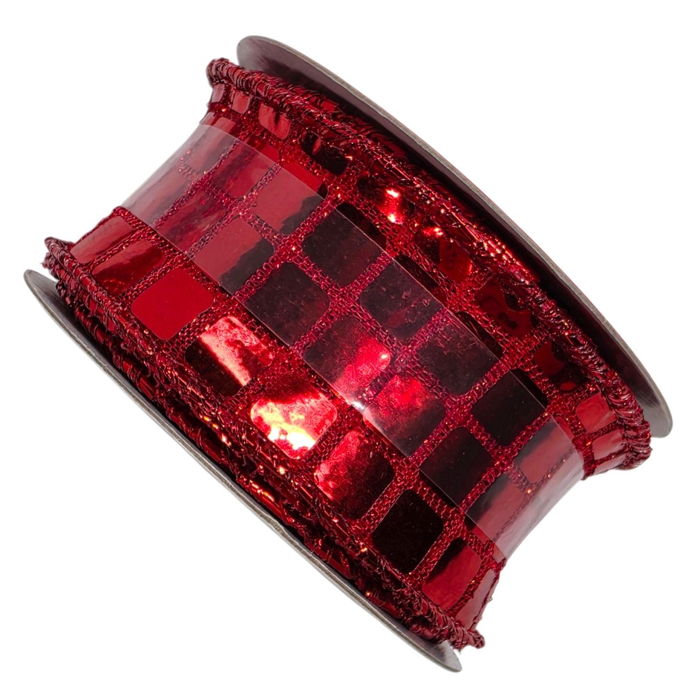 Disco Ball Mosaic Grid Wired Edge Ribbon Lot 9 Spools 49 Yds Red Silver Pink - Picture 2 of 6